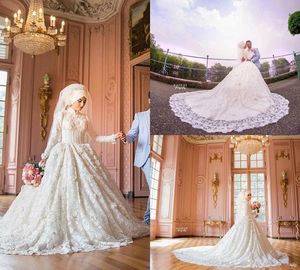 High Neck Long Sleeves Arabic Hijab Muslim Wedding Dresses Custom Made 2020 Romantic Lace Appliqued Beading Country Bridal Gowns vestido de