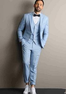 Smoking da sposo azzurro risvolto tacca groomsman smoking da sposa da uomo giacca da ballo giacca blazer completo da 3 pezzi (giacca + pantaloni + cravatta + gilet) 2270