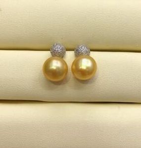 Elegant 9-10mm South Sea Flat Round Gold Pearl Earring 925s