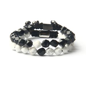 Nytt avstånd Armband Vit Howlite Black Onyx Faceted Cut Stone Par Smycken Healing Angst Relief Chakras Armband