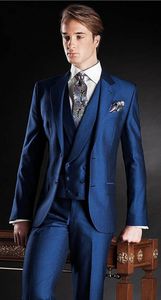 Gentlemen Navy Blue Garnitaty z przyciskami Męskie Prom Tuxedos Garnitury Spodnie Kurtka Pants Design Slim Fit Dopasuj Blazer (Kurtka + Spodnie + Kamizelka)