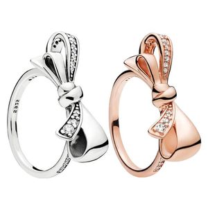 925 Sterling prata brilliant anel de arco conjunto caixa original para panela mulheres casamento cz diamante bowknot anel W150