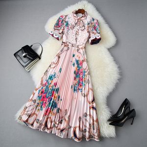2020 Summer Short Sleeve Round Neck Pink / Blue Floral Print Lace Ribbon Tie Bow Pleated Mid-Calf Dress Elegant Casual Dresses LJ18T10970