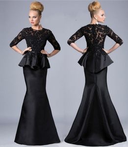 Mother Of The Bride Dresses Mermaid Jewel Neck 3/4 Sleeves Lace Appliques Beaded Peplum Plus Size Party Dress Black Evening Gowns