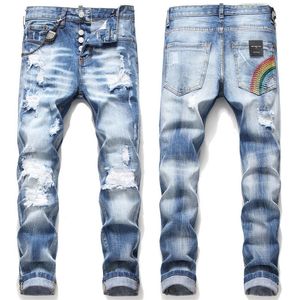 Homens exclusivos Dissestrados Rasgado Skinny Blue Jeans Moda Masculina Slim Fit Lavado Motosciclos Denim Calças Paneladas Hip Hop Biker Calças 1049
