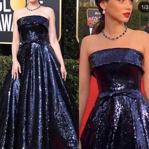 Sequins Sparkly Blue Prom Dresses Strapless Ruched Pleats Custom Made Plus Size Sweep Train A Line Evening Party Gowns Formal Ocassion Wear