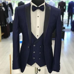 Темно-синий жених смокинги черный лацкан жениха свадебный костюм 3 шт. Мода мужской бизнес выпускного вечера пиджак пиджак (куртка + брюки + галстук + жилет) 2269