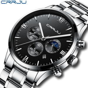 Relogio masculino crrju men贅沢フルスチール時計ファッションスポーツクォーツミリタリードレス時計雄の明るい防水時計