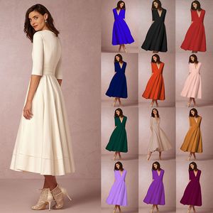 Plus Size Women Odzież 2021 Summer Sukienki 1/2 Rękaw V-Neck Prom Tea-Długość Prosta Dresy Cocktail Party Dress
