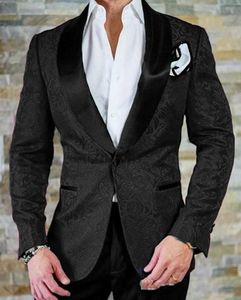 Hübscher schwarzer Paisley-Bräutigam-Smoking mit einem Knopf und Schalkragen, 2-teiliger Blazer für Hochzeit/Abschlussball/Abendessen (Jacke + Hose + Krawatte) W861