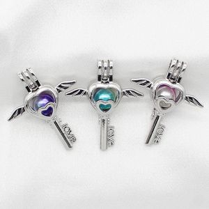 Silver Plated Love Wing Heart Key Pearl Cage Essential Oil Diffuser Bead Cage Locket Pendants for Perfume Necklace Making