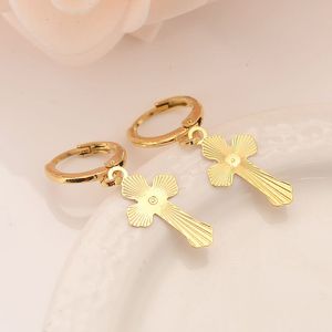 Wide Quality 14 ct Solid Gold GF Sleeper Hoop Dangle Earring with Cross / Earrings NEW Religion Christianity