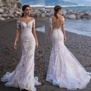 Wholesale wedding dress stunning back buttons resale online - Stunning Lace Mermaid Long Sleeves Wedding Dresses Sheer Jewel Neck See Through Buttons Back Bridal Gowns Tulle Trumpet robe de mariée