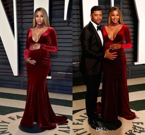 2019 Burgundy Velvet Long Sleeves Evening Dresses For Pregnant Women Plunging V Neck Mermaid Maternity Party Prom Gowns Red Carpet Celebrity