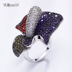 2020 New Multi Colorful Crystal Zirconia Big Rings Party Trendy Flower Jewelry Top Quality Beautiful Large Ring for Women