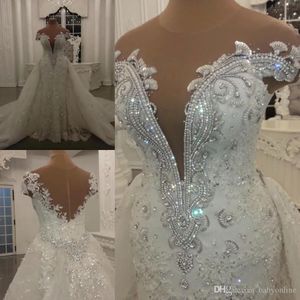 Abiti da sposa a sirena modesti con paillettes brillanti staccabili Cristalli Perline Appliques Sheer Neck Backless Abiti da sposa lunghi da sposa