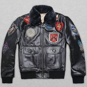 Avirex Real Fur Collar Cowskin Flight JacketMen Men Bomberジャケット男性本革のコートオートバイ