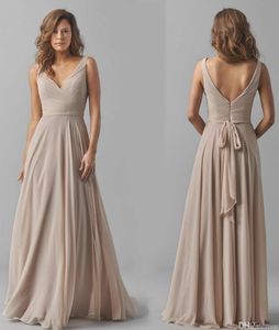 Taupe A-Line/Princess V-Neck Bridesmaidドレス袖の長さの床の長さのシフォン