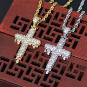 18K Gold & White Gold Plated Cubic Zirconia Bling Glacier Melting Droping Cross Pendant Necklace Hip Lovers Diamond Jewelry for Men & Women