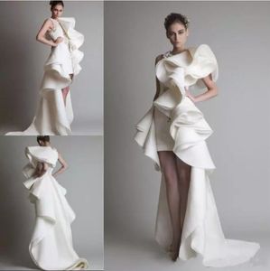 Krikor Jabotian Tasarlanmış Gelinlik Modelleri Tek Omuz Aplikler Ruffles Kılıf Hi-Lo Organze Pageant Elbise Beyaz Fildişi Katmanlı Gelin Törenlerinde