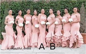 Long Blush Pink Mermaid Bridesmaid Dresses Off Shoulder Satin Cascading Ruffles Wedding Guest Dress Plus Size Maid Of Honor