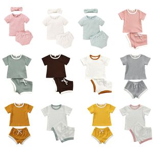 Bebek Giysileri Erkek Kız Giyim Setleri Çocuklar Katı T Gömlek Şort Bandı Takım Elbise Moda Makale Çukur Üst PP Pantolon Ilmek Hairband Seti M2096