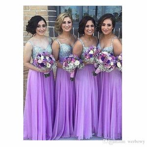 New Purple Bridesmaid Dresses Spaghetti Strap Beaded Sequined Chiffon Wedding Guest Dresses Long Pleats Zipper Party Gowns HY0261