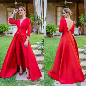 2019 New Red Jumpsuits Prom Dresses 3/4 Long Sleeves V Neck Formal Evening Party Gowns Cheap Special Occasion Pants