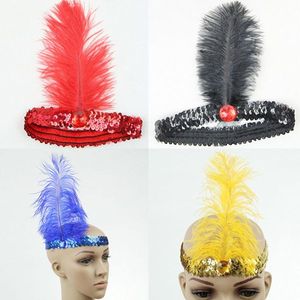 Black Ostrich Feather Headband Party Supplies 1920's Flapper Sequin Charleston Costume Headbands Band Ostrich-Feather Elastic Headdress on Sale