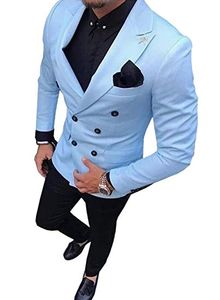 Zweireihiger hellblauer Bräutigam-Smoking mit spitzem Revers, 2-teiliger Blazer für Hochzeit/Abschlussball/Abendessen (Jacke + Hose + Krawatte) W829