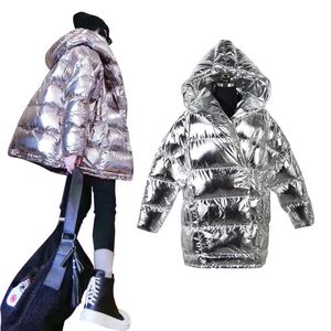 Hurtownia Nowa Moda Damska Parkas Metallic Czarny Sliver Kurtki Z Kapturem Kołnierz Gruby Bawełniany Padded Płaszcz Ciepła Kurtka wierzchnia