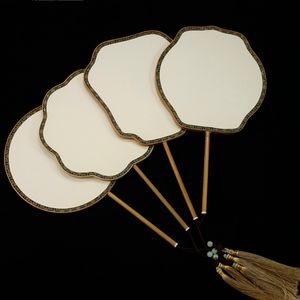 Double side Blank DIY Round Natural Silk Fan White Chinese Handle Fans Classical Decor Hand Fan professional Painting Embroidery 1pcs