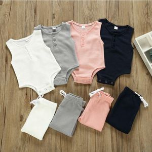 Roupas de bebê Crianças de algodão roupas de linho conjuntos meninos meninas verão sólido artigo poço macacão calças ternos recém-nascidos sem mangas jumpsuit terno D826