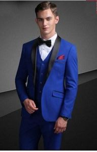 Groom Tuxedos Royal Blue Groomsman Bröllop Black Shawl Lapel 3 Piece Suit Fashion Men Business Prom Jacka Blazer (Jacka + Byxor + Tie + Vest) 2287