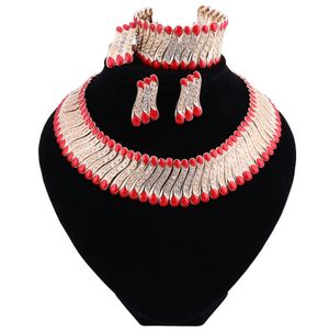 Moda Ślub Dubaj Afryka Nigeria Afryki Biżuteria Zestaw Czerwony Naszyjnik Kolczyki Bransoletka Pierścień Bridal Biżuteria Zestawy