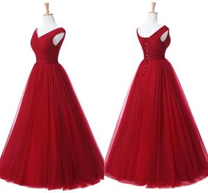 Vermelho escuro plissada drapeado Tulle Prom Partido Vestidos Elegant V-neck Lace-up A-line Formal Especial Ocasião Vestidos Meninas doce 16 Vestido