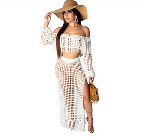 Abiti sexy a maniche lunghe Costumi da bagno Cover Up Scava fuori Costume da bagno Bagnanti femminili Abito estivo all'uncinetto da spiaggia con nappe