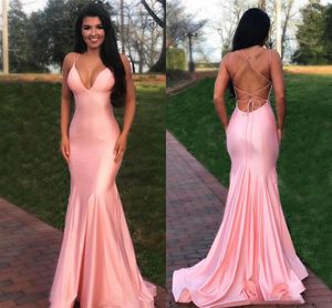 Blush Pink Spaghetti Mermaid Prom Dresses Elegant Open Back Evening Gown Long Satin High Bridesmaid Formal Party Gown