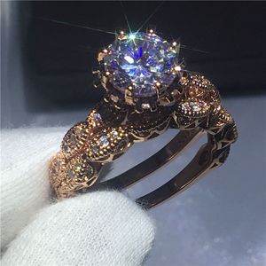 Mulheres do vintage Rodada corte 3ct Diamante Cz Anéis de Rosa de ouro Preenchido 925 anel de Banda de casamento de Prata Esterlina conjunto para wome