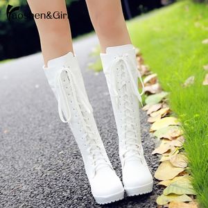 Haoshengirl Lacing knee high winter boots 여성 코스프레 신발 화이트 블랙 스퀘어 힐 신발 가죽 신발 큰 크기 33-48