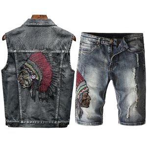 Wholesale indian vest resale online - Summer Newest Fashion Men s Sets Vintage Embroidery Indian Punk Style Two Piece Set Retro Blue Denim Vest Hole Ripped Jeans Shorts