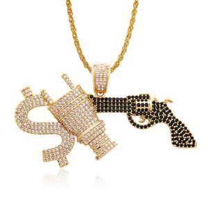 Hip Hop Gun Diamonds Pendant Halsband för män Lyxpengar Plug Halsband Smycken Guldpläterad Koppar Svart Vit Zirkons Golden Cuban Chain