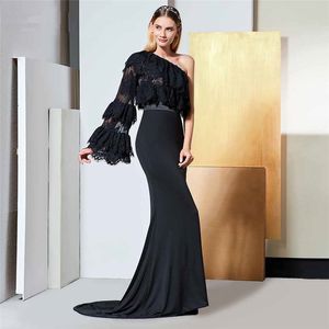 Setwell Black Pärlor Lace Evening Dresses Custom Sweep Train Gowns Backless Sheath Prom Klänning Långärmad Robe de Soiree
