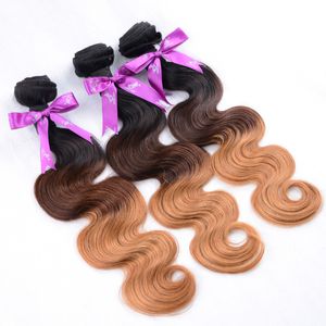 Top Grade Ombre Hair Extensions Brasilianska Virgin Hair Body Wave Full Human Hair Weave Bundles 3 Tone Color Ombre 3pcs 1b / 4/27 eller 1b / 4/30