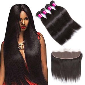 Cutícula Alinhado Reta Brasileira Do Laço Do Cabelo Frontal com Bundles Não Transformados 8A Cabelo Virgem 13x4 Frontal com 3 Feixes de Tecer