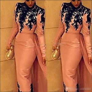 Pink Long Sleeves High Neck Abendkleider mit Überwachung Tüll Chiffon Schwarzer Spitzenapplikation Custom Made Formal Ocn Wear 403