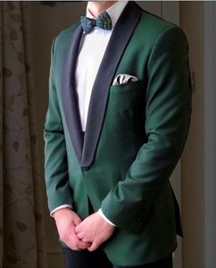 Nowa Moda Jeden Button Dark Green Groom Tuxedos Szal Lapel Mężczyźni Garnitury Ślub / Prom / Kolacja Best Man Blazer (Kurtka + Spodnie + Krawat) W342