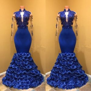 New Royal Blue Long Sleeves Evening Dresses Deep V Neck Mermaid Prom Klänningar Lace Appliques Afrikanska Kvinnor Formell Wear Party Gowns Vestidos