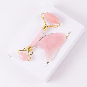 Rose Quartz Face Roller Gua Sha Set i presentförpackning Naturlig Spiked Rosa Facial Jade Roller Gua Sha Massage Acupuncture Scraping Health Care Tool