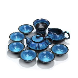 Vintage Jianzhan Tenmoku Tea Set 10 Pieces Ceramic Blue Reactive Glaze Kongfu Teaware With 1 Teapot 6 Teacups Fair Mug Siler